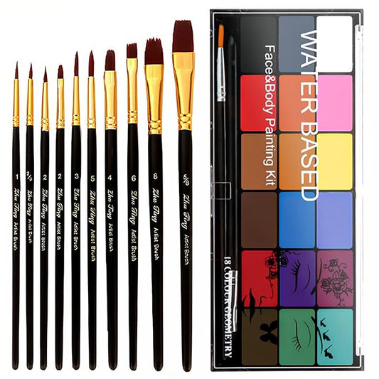 Face Painting Kit Non-toxic Body Paint Washable 18 Colors Facepaint Makeup Kit for Adults with 10 Face Paint Brushes for Halloween Party Cosplay Makeup (Color 001)