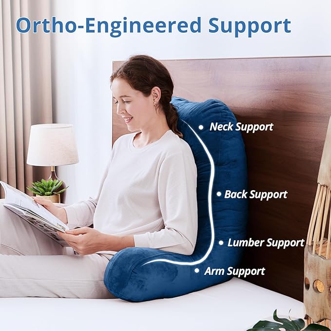 Sasttie 25-inch Reading Pillows for Sitting in Bed Adult, Jumbo Velvet Back Pillow Bed Sitting Up, XL High Back-Rest Support Cushion for Sit Up on Couch & Floor, Oeko-Tex Certified, Navy