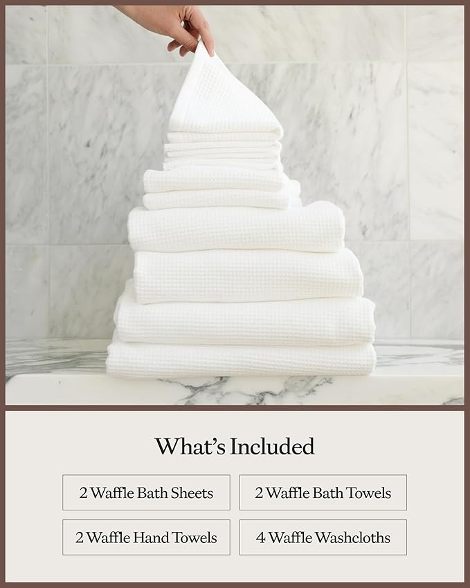 Cozy Earth Complete Waffle Bath Bundle - 60% Cotton 40% Viscose from Bamboo - Quick Dry & Ultra-Soft Waffle Weave Bath Towels - 4 Washcloths, 2 Hand Towels, 2 Bath Towels, 2 Bath Sheets, White
