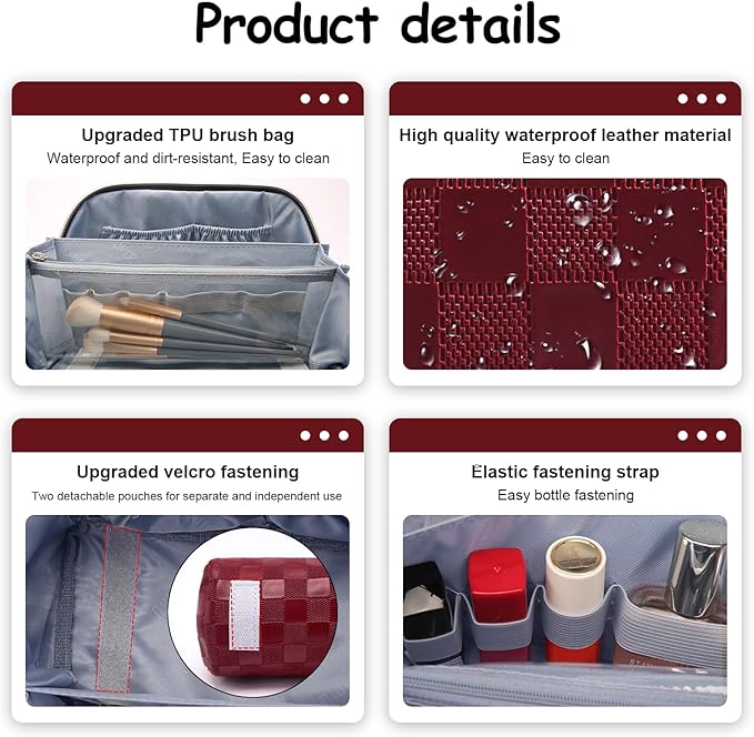 BOYATU Travel Makeup Bag Organizer Cosmetic Bag: 3 Pcs Set Make up Bags for Women with Handle - Waterproof Vegan Leather Toiletry Bags Travel Essentials Pouch with Compartments (C-11-Red)