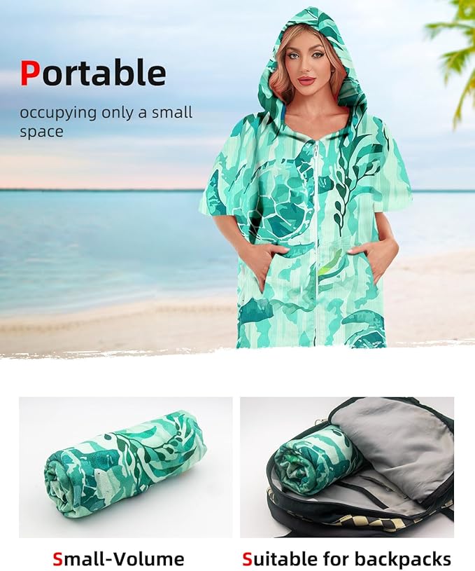 Abahub Surf Poncho Men & Women Towel Poncho Adult with Hood, Thick Quick Dry Changing Poncho Towel, Microfiber Wearable Cover Up for Surfing Beach Swim - Absorbent Changing Towel L (Green Turtle)