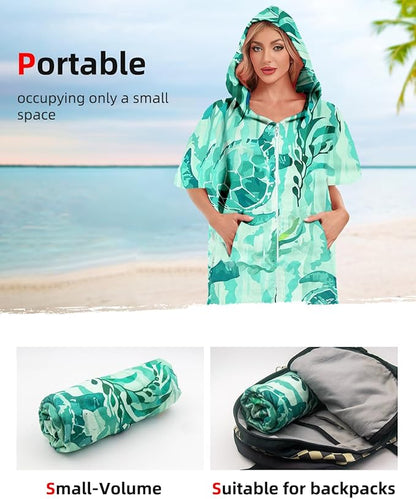 Abahub Surf Poncho Men & Women Towel Poncho Adult with Hood, Thick Quick Dry Changing Poncho Towel, Microfiber Wearable Cover Up for Surfing Beach Swim - Absorbent Changing Towel L (Green Turtle)