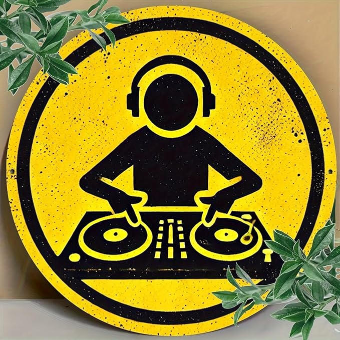 1pc Vintage DJ Themed Iron Sign, 8x8 inches, Circular Wall Art, Multipurpose Home/Room/Restaurant/Bar/Café/Garage Decor, Wall Hanging, No Electricity Needed