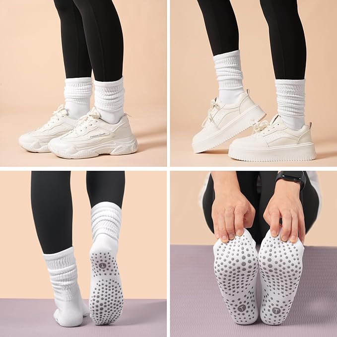 Grip Pilates Slouch Socks for Women, Non Slip Scrunch Yoga Barre, Grippy Slouchy Knee High Boot Socks for Hospital