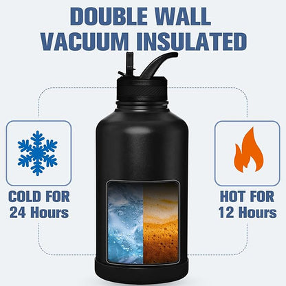 OLDLEY 64 oz Insulated Water Bottle With Straw, Stainless Steel Sports Water Cup Flask with 3 Lids(Straw, Spout and Handle Lid) Double Walled Travel Thermal Canteen Mug,Black