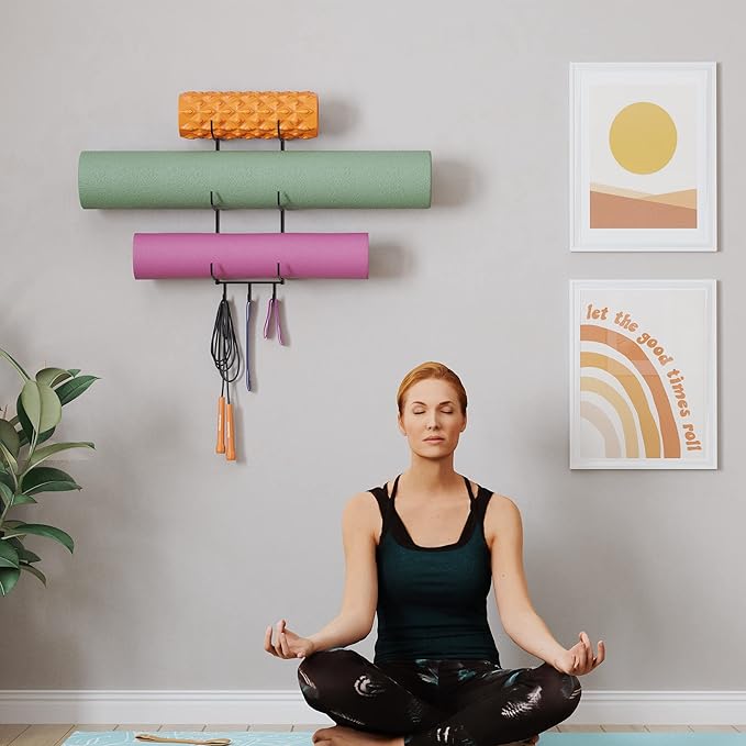 Wallniture Guru Yoga Mat Holder Wall Mount with 3 Hooks for Hanging Yoga Strap, Resistance Bands, 5-Sectional Metal