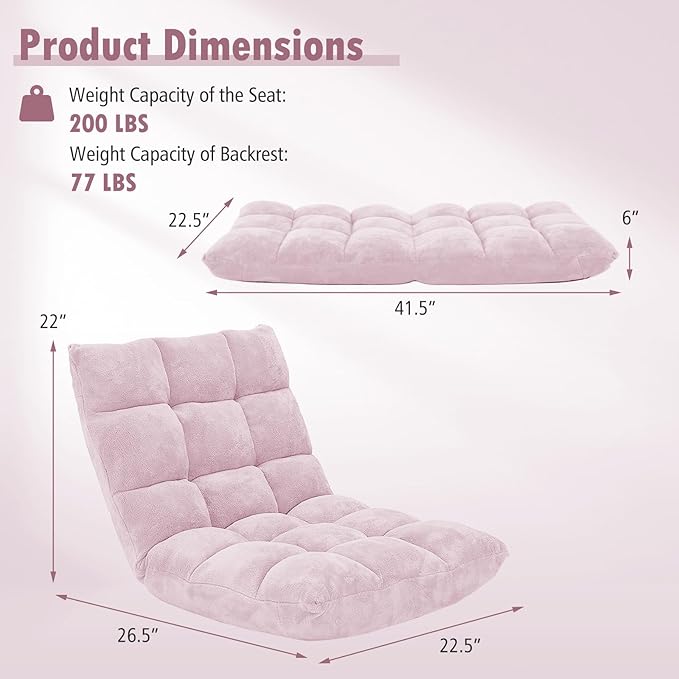 Moccha 14-Position Floor Sofa, Folding Sofa Chair with Back Support, Memory Foam Floor Gaming Chairs for Adults, Adjustable Padded Couch Recliner, Chaise Lounge for Reading, Meditating (Light Pink)