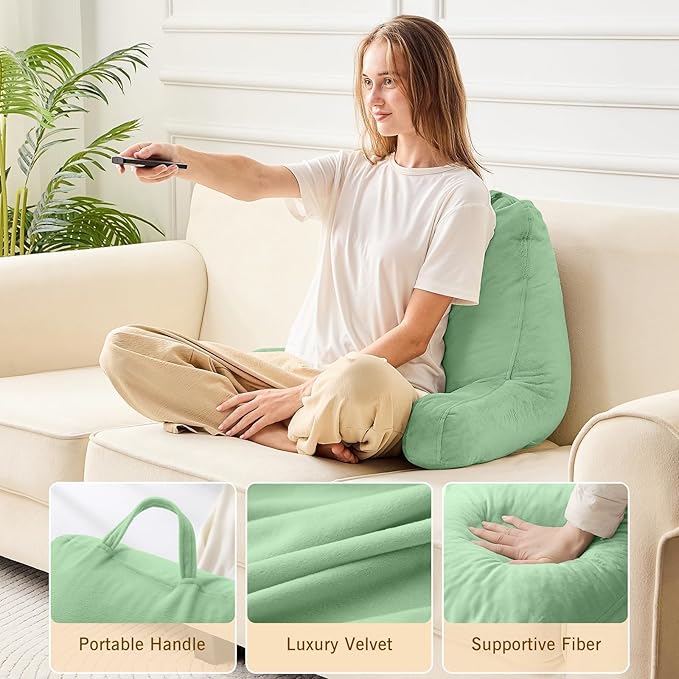 Sasttie Reading Pillow, Velvet Back Pillow for Bed Sitting Up, Adult Back-Rest Support Cushion with Arms for Sit Up on Couch, Sofa, and Floor, Dorm Essentials, Reading Accessories, Light Green
