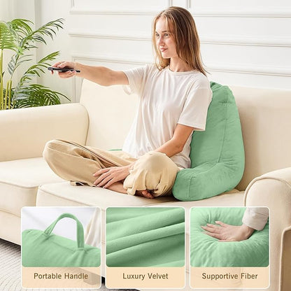 Sasttie Reading Pillow, Velvet Back Pillow for Bed Sitting Up, Adult Back-Rest Support Cushion with Arms for Sit Up on Couch, Sofa, and Floor, Dorm Essentials, Reading Accessories, Light Green