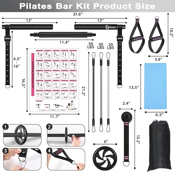 Pilates Bar Kit with Resistance Bands,Ab Roller,2 in 1 Foot Strap & Handle,Door Anchor Pilates Equipment with Resistance Bands, Portable Home Gym Yoga Fitness Bar for Women & Men
