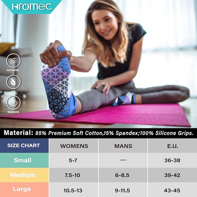 Non Slip Yoga Socks with Grips for Pilates, Ballet, Barre, Barefoot, Hospital Anti Skid Socks for Women and Men