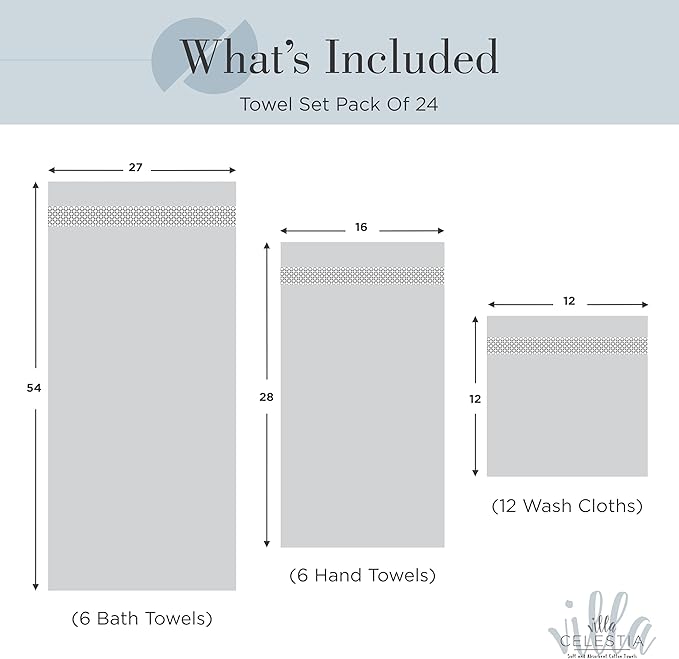 100% Cotton Bath Towel Set of 24-6 Bath Towels, 6 Hand Towels, 12 Wash Cloths, Sustainable, Soft, Highly Absorbent, Combed Cotton 24 Piece Set for Hotels, Spa, Bathroom, Dorm, Blue