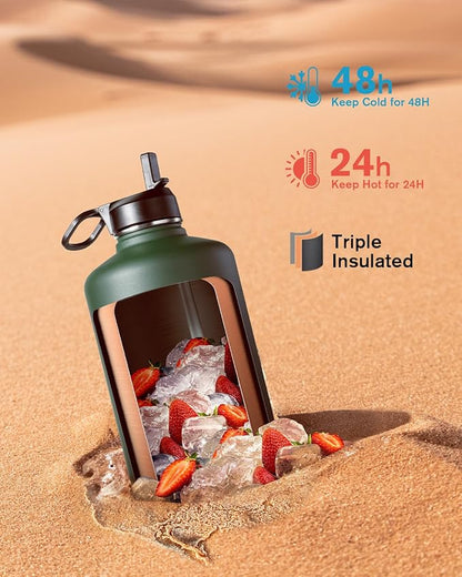 Half Gallon Water Bottle Insulated with Straw & 3 Lids, Coolflask 64 oz Water Jug Large Metal Stainless Steel Wide Mouth for Sports, Gym or Office, Non-BPA Keep Cold 48H Hot 24H, Dark Green