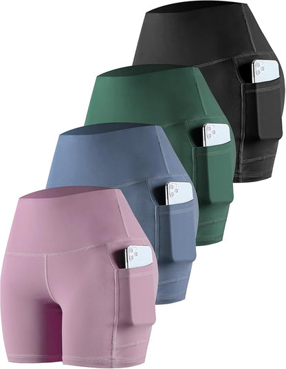 CHRLEISURE Womens Biker Yoga Shorts with Pockets: High Waisted Tummy Control Spandex Workout Athletic Gym Shorts 4 Packs
