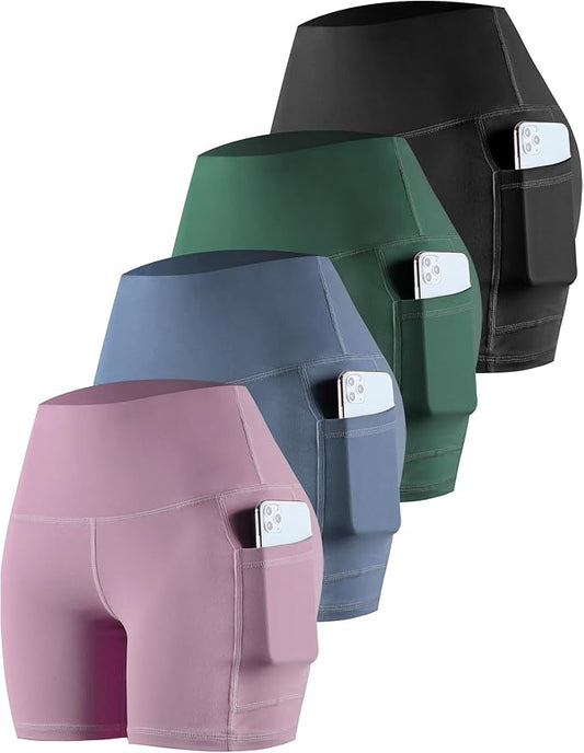 CHRLEISURE Womens Biker Yoga Shorts with Pockets: High Waisted Tummy Control Spandex Workout Athletic Gym Shorts 4 Packs