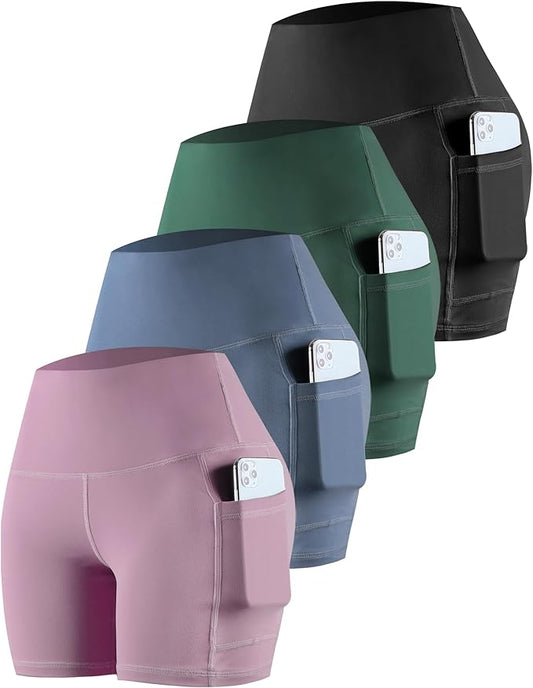 CHRLEISURE Womens Biker Yoga Shorts with Pockets: High Waisted Tummy Control Spandex Workout Athletic Gym Shorts 4 Packs