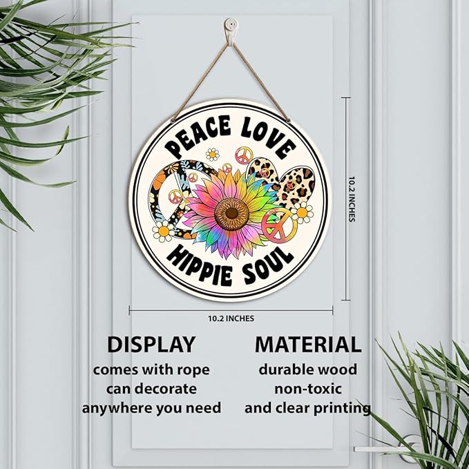 Hippie Peace Sign Wall Decor, Hippie Peace Sign for Front Door Home Living Room Bedroom, Peace and Love Sign, Boho Hippie Peace Round Wood Hanging Signs Decorations, Hipple Soul Sign