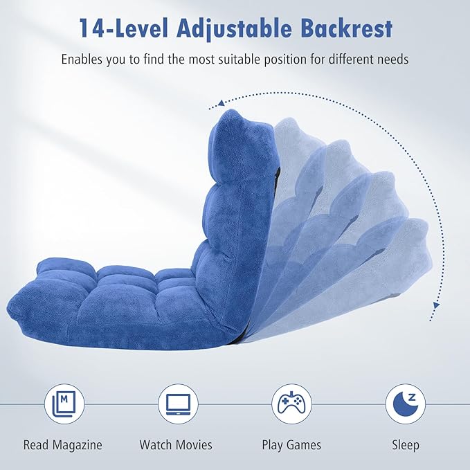 Moccha 14-Position Floor Sofa, Folding Sofa Chair with Back Support, Memory Foam Floor Gaming Chairs for Adults, Adjustable Padded Couch Recliner, Chaise Lounge for Reading, Meditating (Blue)