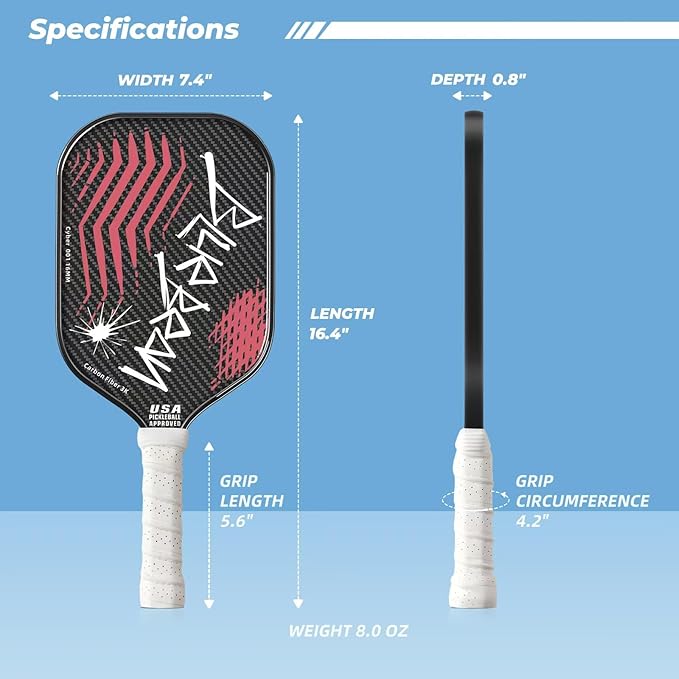 Pickleball Paddles,USAPA,Carbon Fiber Pickleball Paddle with 16MM Polymer Honeycomb Core Provides Lighter Weight&Higher Grit&Spin,Engineered for Professional Players,BlueBean