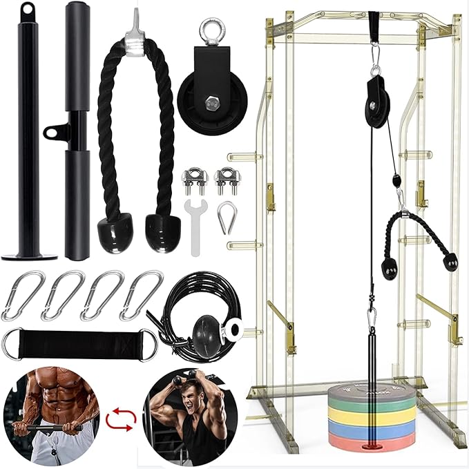 Weight Cable Pulley System Gym Upgraded Fitness LAT and Lift Pulley Attachments Tricep Workout Pulley System with Adjustable Length Cable for Home Gym LAT Pull Down Biceps Curl Tricep Arm Workouts