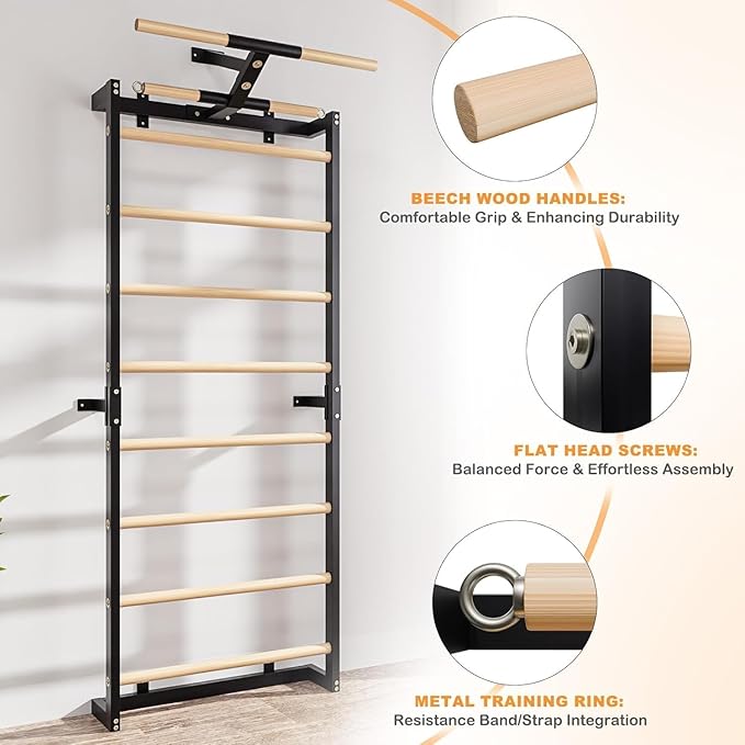 Swedish Ladder, Wood Stall Bars Suspension Trainer with Pull-Up Bar & Rings for Straps, Swedish ladders Wall Gym Adult, Wall-Mounted Workout Ladder for Home, Gym, School