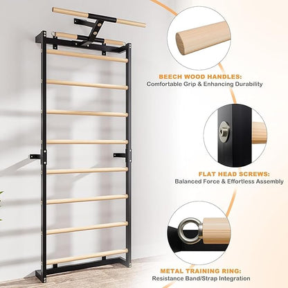 Swedish Ladder, Wood Stall Bars Suspension Trainer with Pull-Up Bar & Rings for Straps, Swedish ladders Wall Gym Adult, Wall-Mounted Workout Ladder for Home, Gym, School