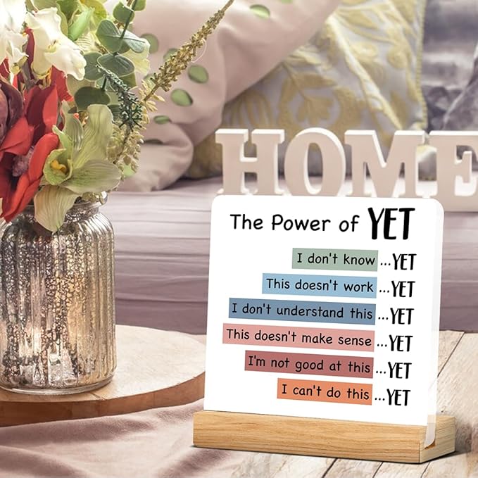 Mental Health Desk Decor, Motivational Growth Mindset Desk Signs the Power of Yet Acrylic Plaque Sign Therapy Office Classroom Decoration 4 x 4 Inches