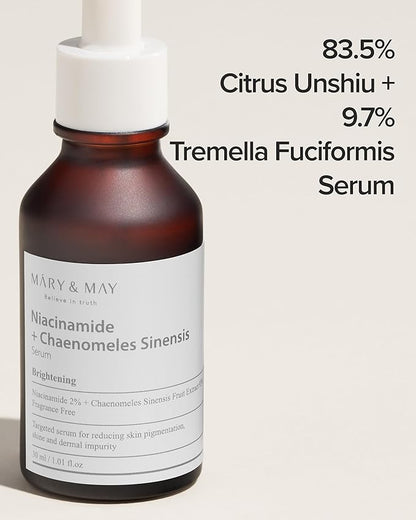 Mary&May Niacinamide + Chaenomeles Sinensis Face Serum - Korean Vitamin B3 Face Serum for Clear, Bright Skin, Sebum Control and Acne Soothing- Quick Absorption, Non-Sticky, Fragrance Free, 1.01 fl.oz.