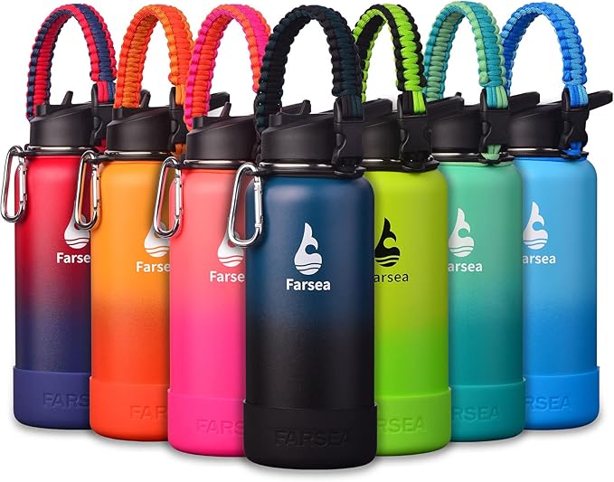 Farsea Insulated Water Bottle With Paracord Handle, Protective Silicone Boot and 2 Lids (Straw Lid & Spout Lid), Stainless Steel Water Bottle Wide Mouth, Double Wall Sweat-Proof BPA-Free, 32 oz