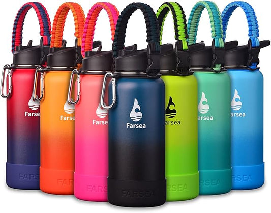 Farsea Insulated Water Bottle With Paracord Handle, Protective Silicone Boot and 2 Lids (Straw Lid & Spout Lid), Stainless Steel Water Bottle Wide Mouth, Double Wall Sweat-Proof BPA-Free, 32 oz