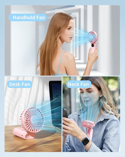 Handheld Fan, Foldable Portable Fan with LED Display, 3000mAh Battery Operated Mini Hand Held Fan, Handheld/Neck/Desk 3 in 1 Personal Small Fan for Eyelash Makeup Travel Beach Outdoor Pink
