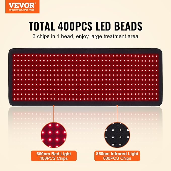 VEVOR Red Light Therapy Mat for Body, 400PCS 3-Chip LED Light Therapy Pad with Controller, 10Hz Pulse, 5-30 Min Timer, 660nm Red & 850nm Near Infrared Light Therapy Blanket for Pain Relief, Skin Healt