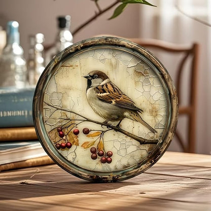 A Vintage Bird with a Cherry Round Wooden Sign, 8X8 Inches,Printed Wooden Wall Art, Suitable for Home, Kitchen, Garden, And Office Decor - The Perfect Holiday Gift.