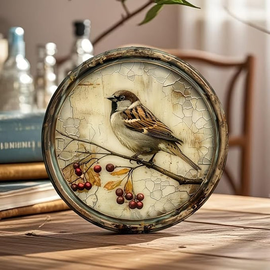 A Vintage Bird with a Cherry Round Wooden Sign, 8X8 Inches,Printed Wooden Wall Art, Suitable for Home, Kitchen, Garden, And Office Decor - The Perfect Holiday Gift.