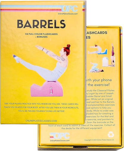 OnlinePilatesClasses Pilates Barrels Flashcards, Deck Cards Set with Video Tutorial for Spine Corrector, Ladder Barrel, Small Barrel & C-Shaper Exercise, Home Gym Workout, Barrel Arc Not Included