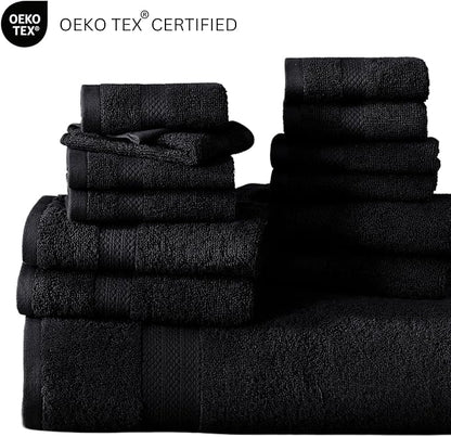 Lane Linen 100% Cotton Bathroom Towel Set - 24 Pc - Durable & Absorbent, Super Soft, Daily Use, Machine Washable - 2 Bath Sheet, 4 Bath, 4 Fingertip, 6 Hand, 8 Washcloth - For Boys, Gym & Dorm - Black