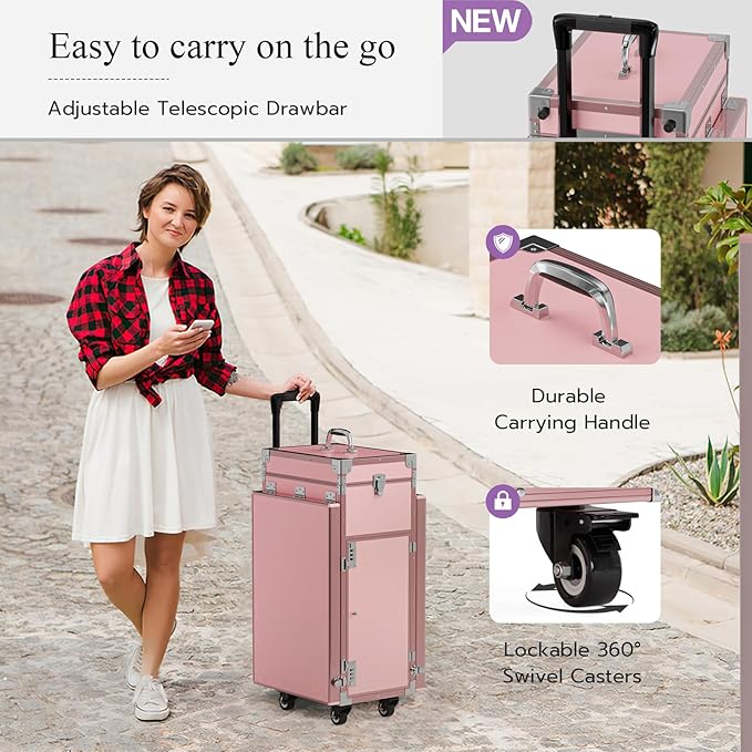 Icoget Portable Nail Table Desk, Foldable Rolling Manicure Table with Wheel, Makeup Train Case for Nail Teach, 2 Desktop Cosmetic Trolley Case, Pink