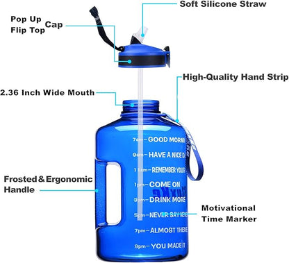 1 Gallon Motivational Sports Water Bottle with Time Marker, BPA Free 128oz Leak Proof Jug, Black, Plastic, 128 ounces, Fitness, Sports, Outdoor Activities