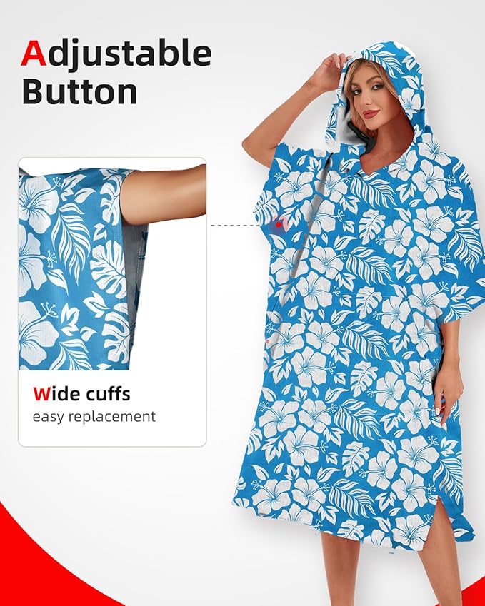 Abahub Surf Poncho Men & Women Towel Poncho Adult with Hood, Thick Quick Dry Changing Poncho Towel, Microfiber Wearable Cover Up for Surfing Beach Swim - Absorbent Changing Towel L (Blue Flower)