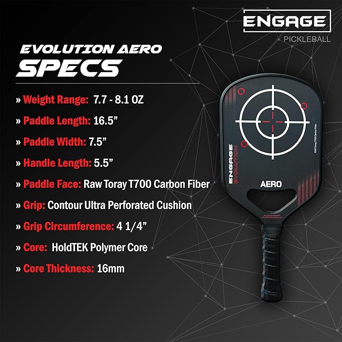 Engage Evolution Aero Pickleball Paddle | Raw Toray T700 Carbon Fiber Pickleball Paddle | Hybrid Elongated Shape | HoldTEK Polymer Core | USAPA Approved | Designed for Power and Control - Scarlet Red
