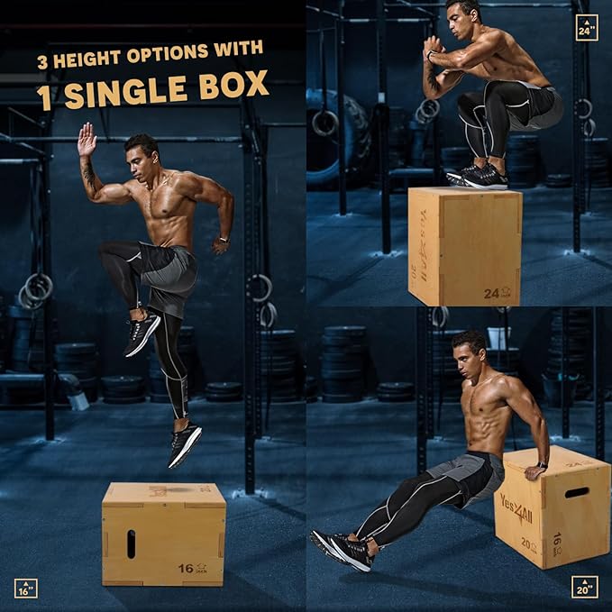 Yes4All Plyo Box, 3-in-1 Wooden Box Jumps for Home Gym (12/14/16 in), 450 lbs Boxes Step Up with Smooth Edges & Wide Built-in Handles for Jumping, Strength Training, Lunges, Squats, Dips