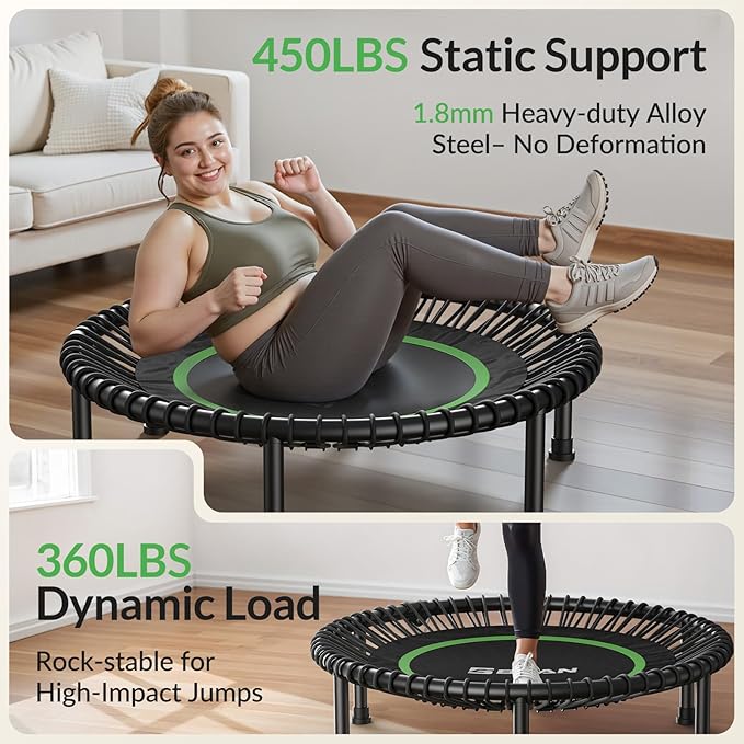 BCAN 450LBS/550LBS Foldable Mini Trampoline, 40"/48" Fitness Trampoline with Durable Bungees, Stable & Quiet Exercise Rebounder for Adults,Great Mini Trampoline for Indoor/Garden Workout - 2