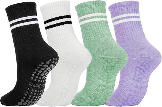 DTWAWA Womens 4Pcs Pilates Grip Socks Non Slip Yoga Socks with Grips Barre Hospital Athletic Socks for Women