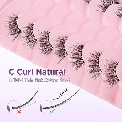 Half Lashes Cat Eyelashes 14mm False Eyelashes Natural Cat Eye Lashes Wispy Eyelashes with Thin Band 3D Volume False Lashes C Curl Soft Strip Lashes Pack 7 Pair EVENTILL