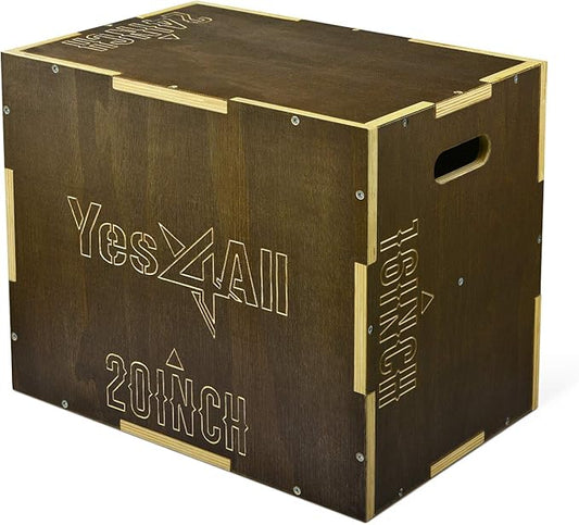 Yes4All Plyo Box, 3-in-1 Wooden Box Jumps for Home Gym (12/14/16 in), 450 lbs Boxes Step Up with Smooth Edges & Wide Built-in Handles for Jumping, Strength Training, Lunges, Squats, Dips