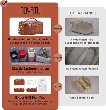 BOYATU Travel Makeup Bag Organizer Cosmetic Bag: 3 Pcs Set Make up Bags for Women with Handle - Waterproof Vegan Leather Toiletry Bags Travel Essentials Pouch with Compartments (C-10-tan)