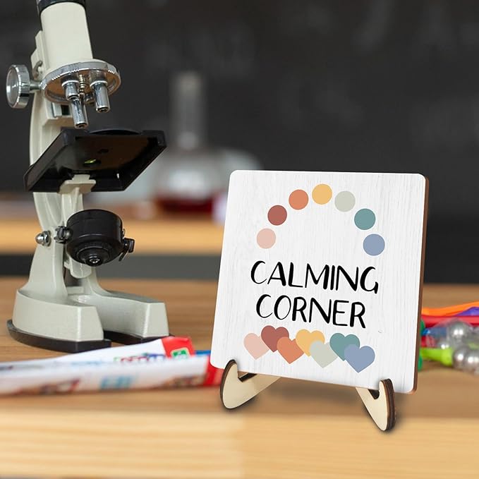 Decorative Desk Decor Motivational Calming Corner Affirmations Counselor Office Decor Plaque with Wooden Stand Inspirational Wood Sign for Homeschool Classroom Reading Calm Corner Table Bookshelf