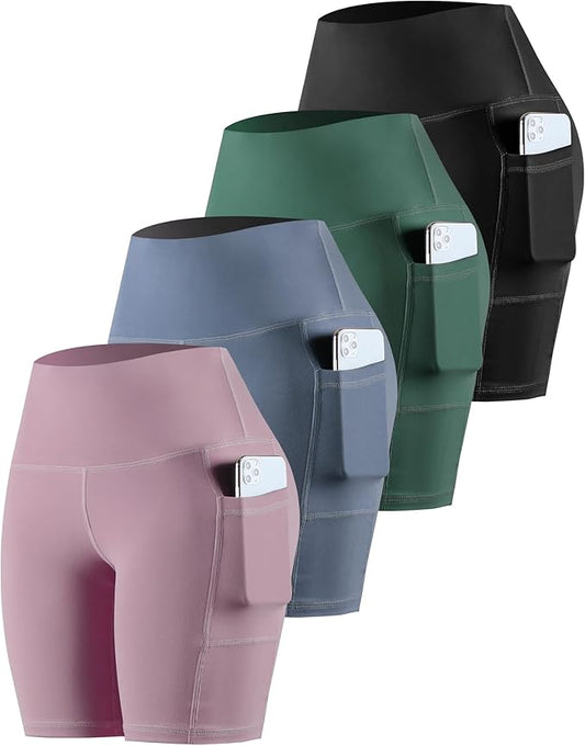 CHRLEISURE Womens Biker Yoga Shorts with Pockets: High Waisted Tummy Control Spandex Workout Athletic Gym Shorts 4 Packs
