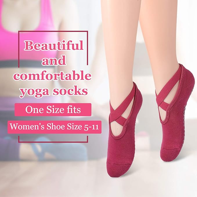Geyoga 6 Pairs Pilates Socks for Women Barre Yoga Ballet Non-slip Athletic Socks with Grip Straps for Barefoot Workout