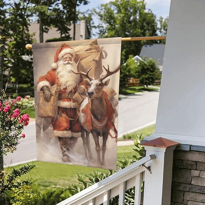 Santa Claus Reindeer Garden Flag 12x18 In Double Sided Yard Flags Lawn Sign Decor No Flagstand